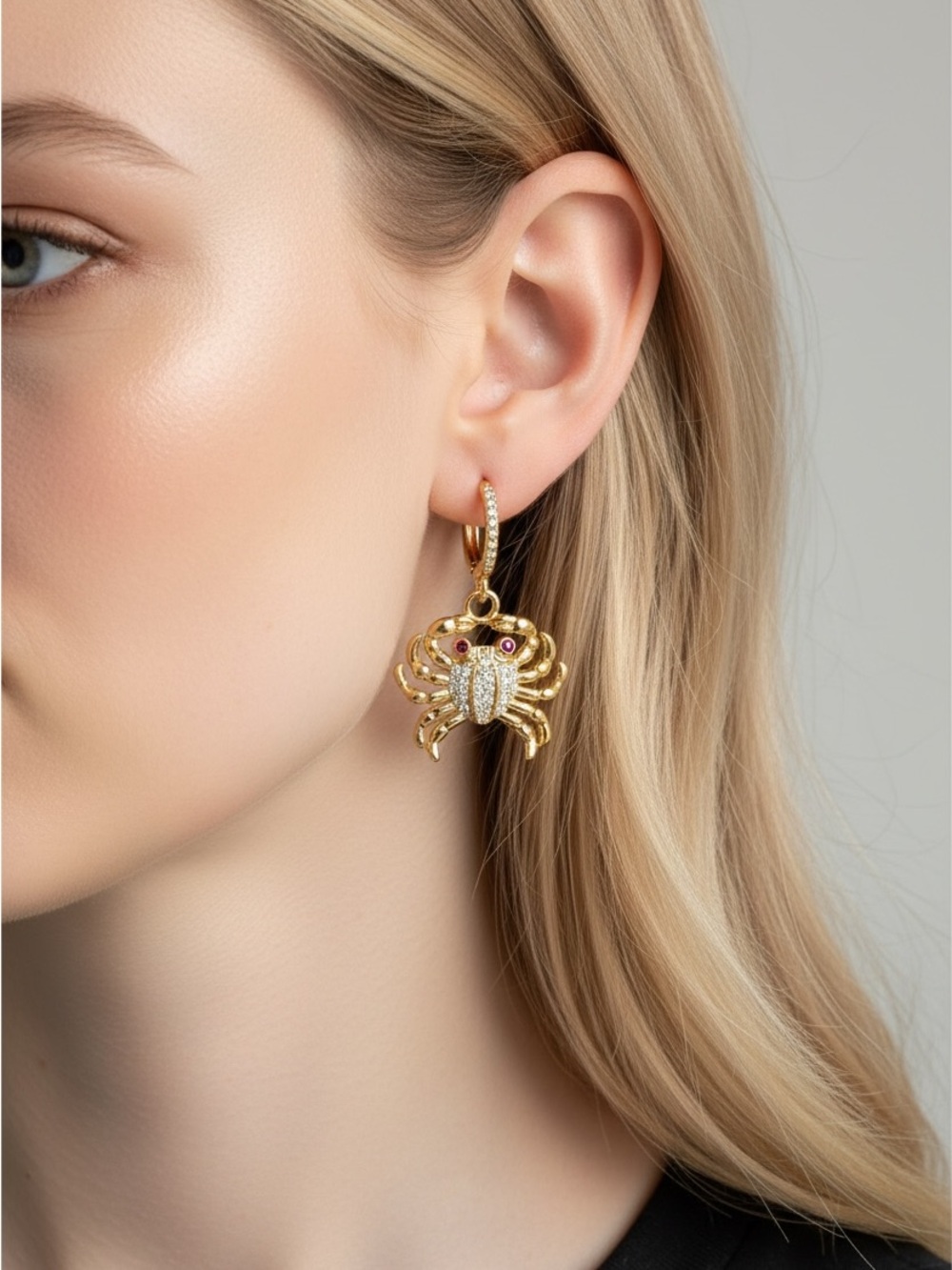 10/23 Gold Crab Charm Drop Earrings with Crystal Accents
